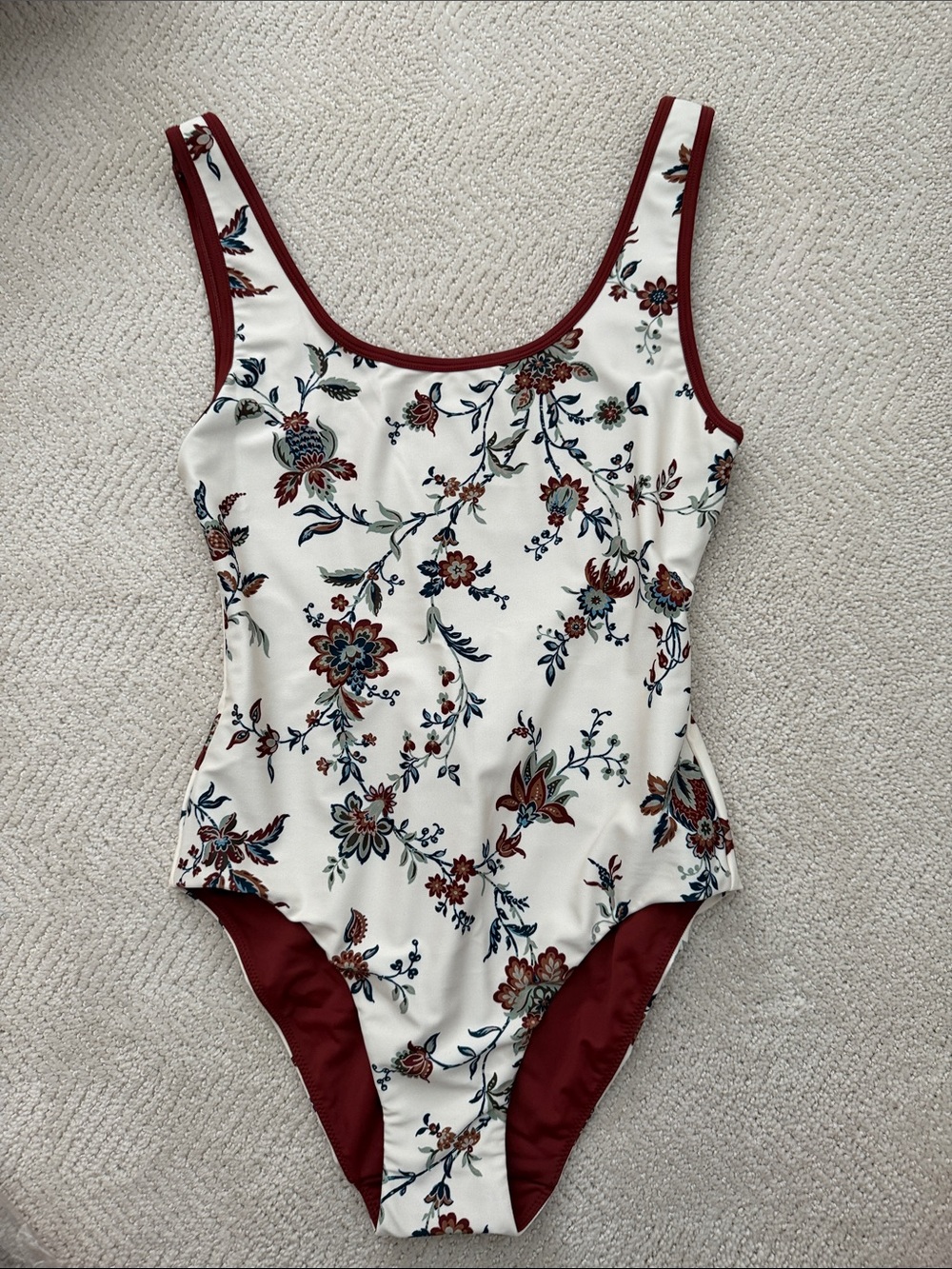 Tuckernuck Cream Floral Scoop-Back One-Piece with Burgundy Trim